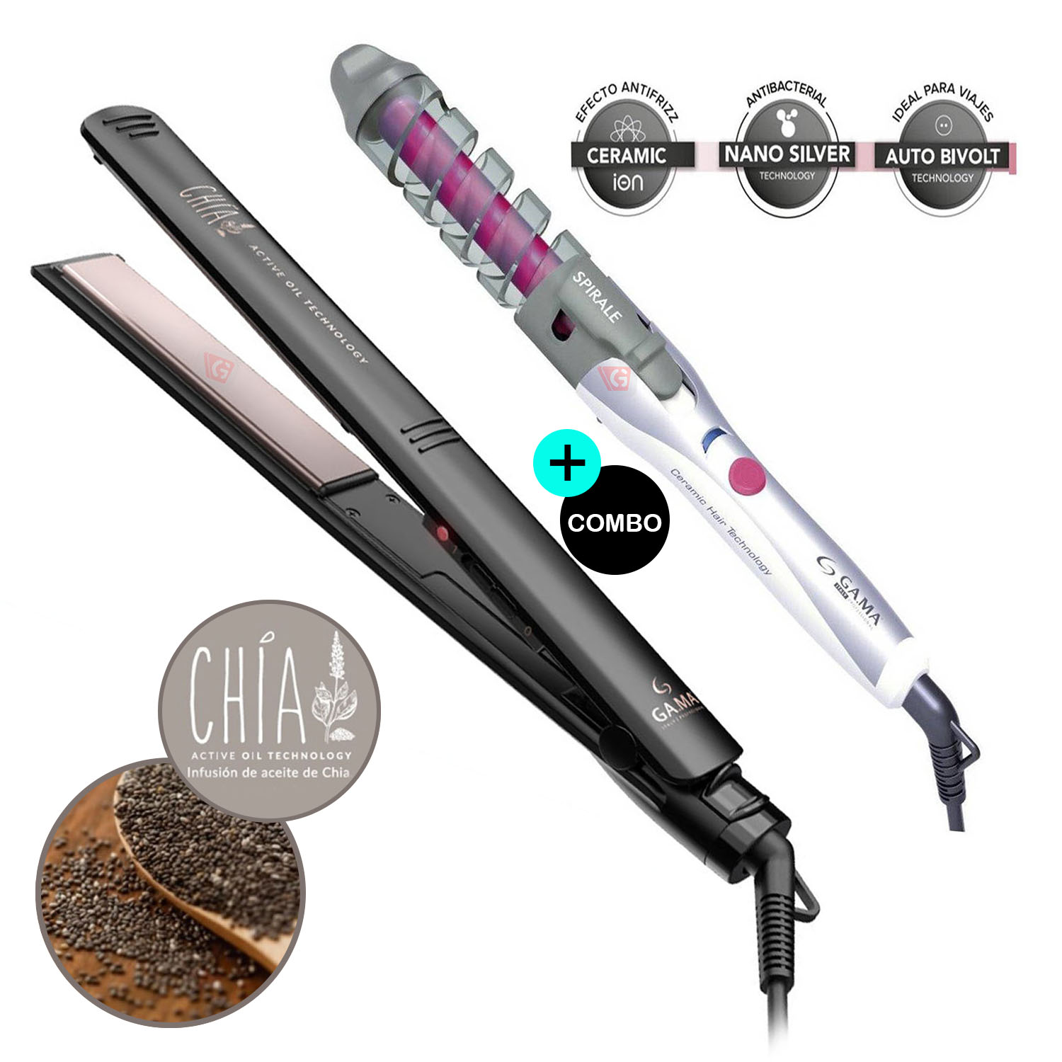 Plancha Alisadora Elegance Chia + Rizador Innova Spirale