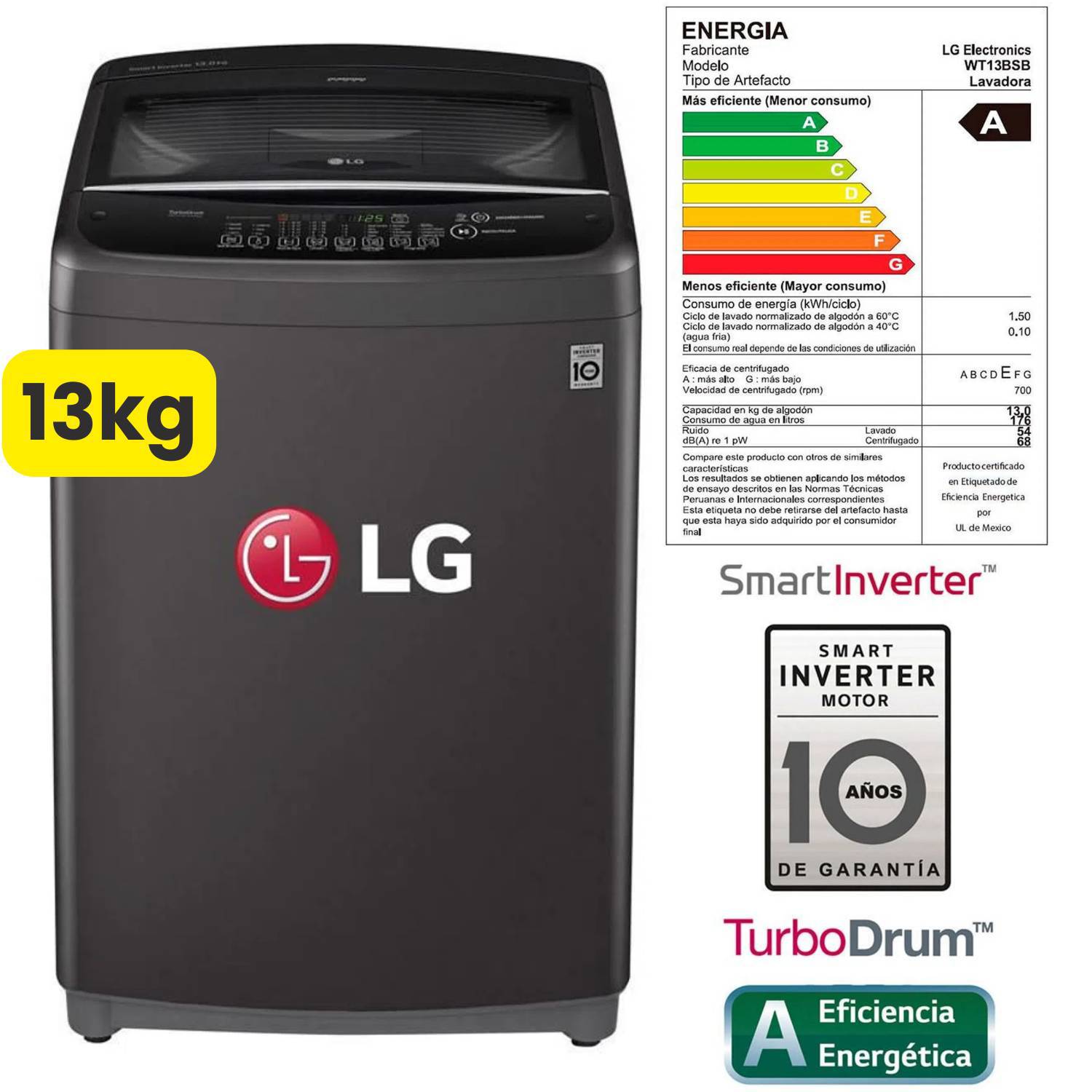 Lavadora 13 kg LG Carga Superior Smart NEGRO - WT13BSB