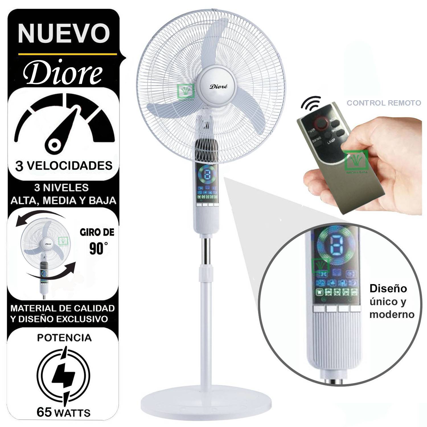 Ventilador Digital Diore Pedestal 3 Velocidades 65W Con control Remoto