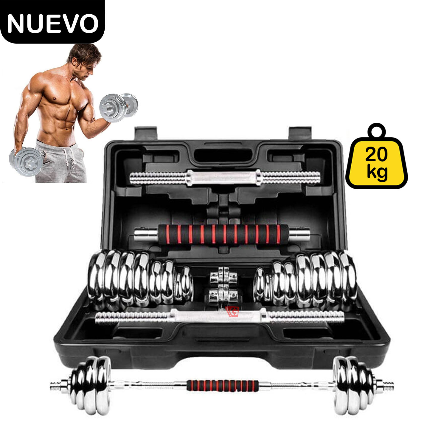 Set de Pesas 20kg Adaptador y Maleta