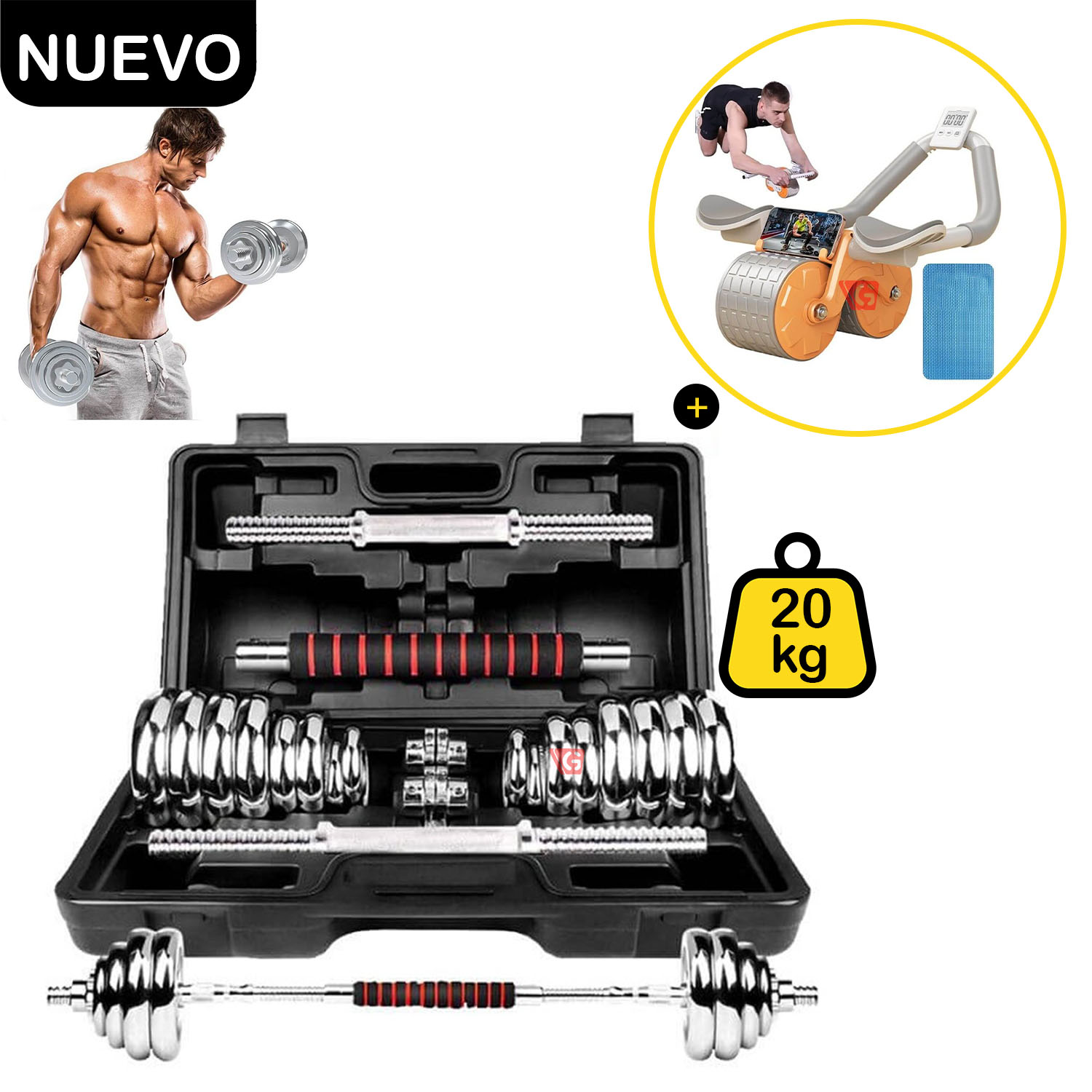 Set de Pesas y Mancuernas Maleta 20kg + Rueda Abdominal