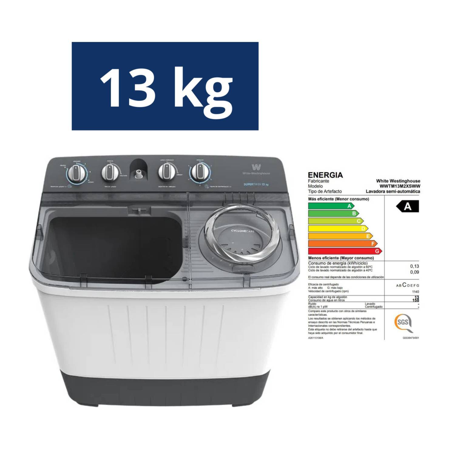 Lavadora Semiautomática Westinghouse 13KG WWTM13M2XSWW