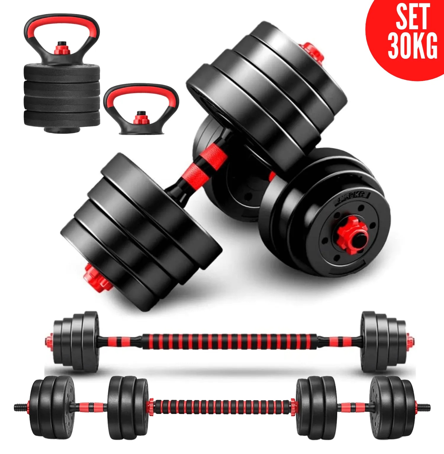 	 Mancuernas Set de 30 Kg Convertibles + Barra + Asas