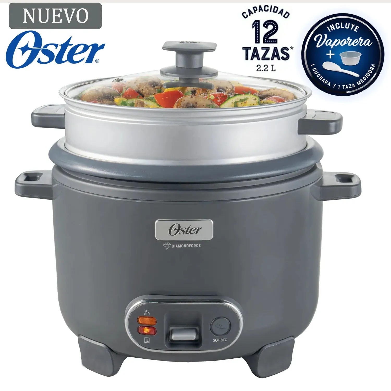 Arrocera Oster 12 Taz Sofrito Vaporera DiamondForce Gris CKSTRC12DFSKE
