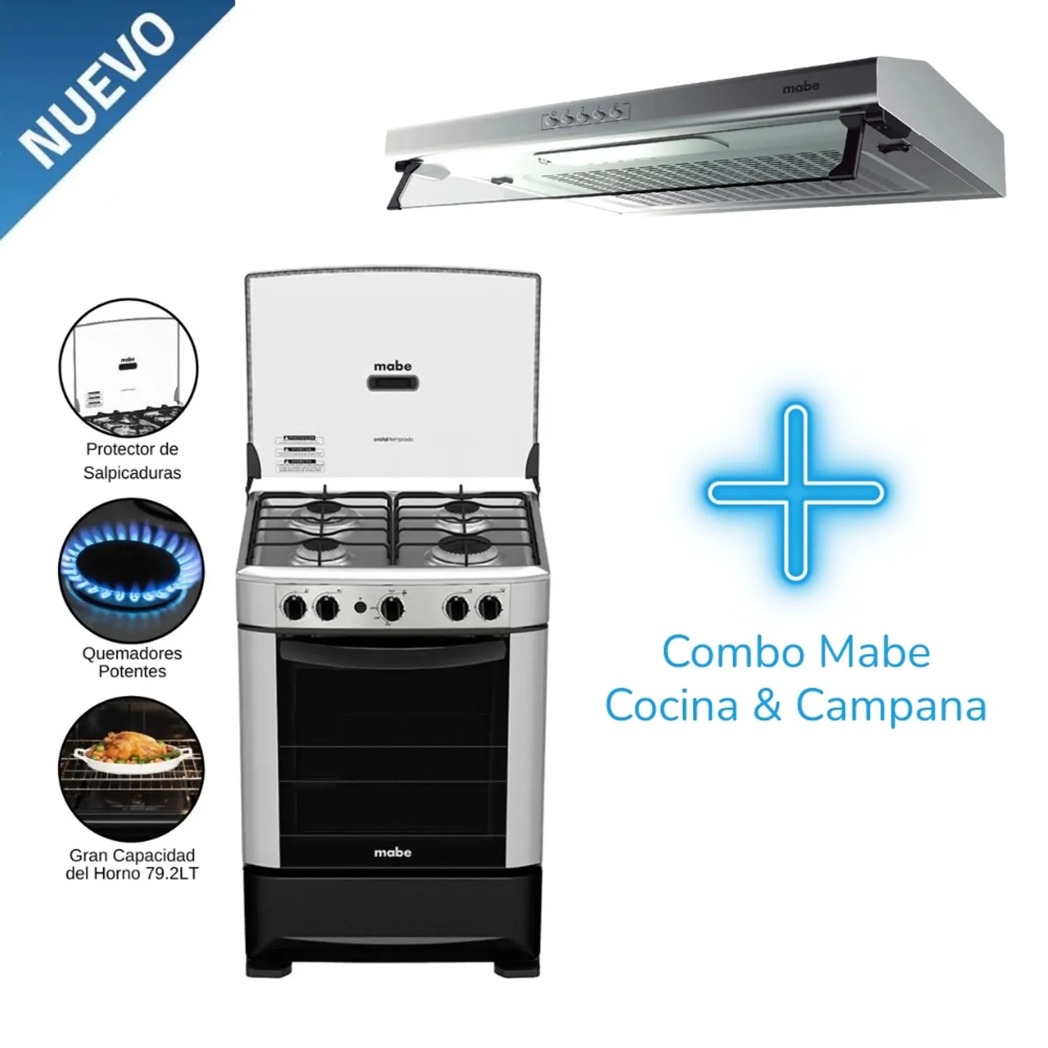 Combo Mabe Cocina a Gas 4 Quemadores CMP6014AG0 y Campana CMU6020PI0 de 60cm